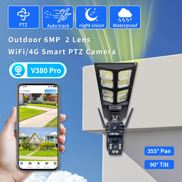 V380Pro 4G LTE Outdoor Solar Security Camera IP66 Weatherproof 6MP Night Vision Dual Lens Auto Motion Tracking Solar Street