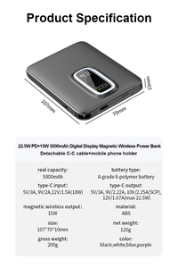 Magnetic Wireless Charging Power Bank PD 22.5W 5000mAh Built in Charging Cable With <b>Ring</b> Holder Mobile Phone Outdoor Powerbank - Product Image 5