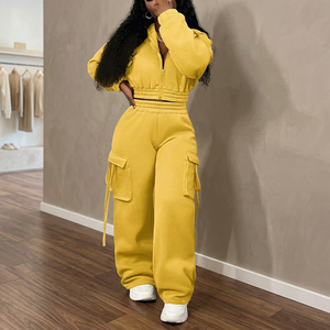 Women Yellow Hooded Tracksuit Full Sleeve Solid Color <b>Cargo</b> <b>Pants</b> Loose Fit Streetwear Autumn Plus Size Adult Sweatshirt Set - Product Image 4