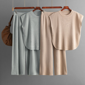 Nouvel ensemble décontracté 2 pièces pour femme : haut tricoté sans manches ample et pantalon large – Tendance - Product Image 1