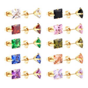 Nouvelles boucles d'oreilles carrées en zircon, design 2022, en acier inoxydable, 10 paires/cartouche, couleurs assorties - Product Image 4