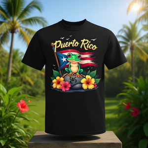 Camiseta Coqui Frog de Puerto Rico con diseño de bandera y flores para el Mes de la Herencia Hispánica - Product Image 3