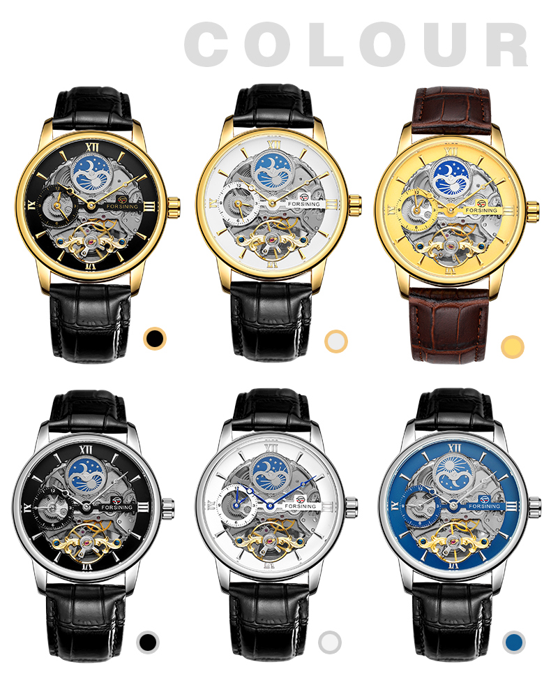 Forsining 8217 Design Hollow Engraving Black Gold Case Leather Skeleton Mechanical Watches Men Luxury Brand Heren Horloge