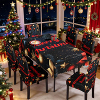 Nouvel Arrivage : Ensemble de Nappe de Noël Noire de Luxe Personnalisée et de Housses de Chaise Élastiques pour Décoration de Fête en Salle à Manger