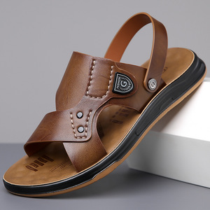 Sandales à bride en T pour hommes, en cuir véritable, à bout ouvert, semelle en caoutchouc antidérapante, logo embossé, chaussures décontractées d'été - Product Image 1