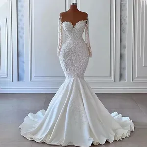 Vintage Lace Empire Wedding Gown Bridesmaid Dress Lace Long Sleeve Elegant Fishtail Beading Wedding Dress For Women