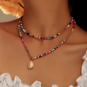 Lovely Bohemian Girls Jewelry Double Layered Colorful Rice Beads With Shell Pendant Y2K Necklace For Womens