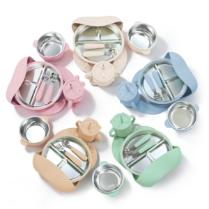 <span class=keywords><strong>Piatto</strong></span> Diviso per Bambini in Acciaio Inox Personalizzato Lavabile in Lavastoviglie Set per l'Alimentazione del Bambino in Silicone con Ventosa <span class=keywords><strong>e</strong></span> Manicotti Rimovibili in Silicone - Product Image 2