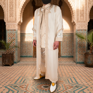 Qamis marocain de luxe en soie haut de gamme à manches longues, broderie artisanale, infroissable, couleur personnalisable pour homme, marié, cérémonie - Product Image 3