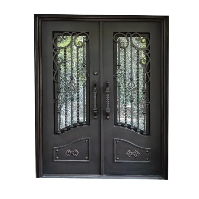 クラシックエレガンス: 時代を超越した第一印象のための複雑なガラス窓を備えた黒い鉄の玄関ドア