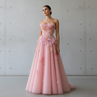 Robe de soirée rose Sharon Said SS749, coupe trapèze, fleurs 3D, perles de cristal, sans bretelles, drapée, pour femmes, robes de soirée formelles