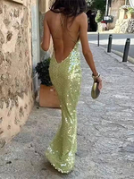 Robe longue unie verte sexy dos nu pour femme, élégante, à fines bretelles, col carré, coupe trapèze, respirante, pour soirée