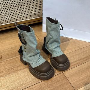 Botas Vaqueras Midi de Lona Retro de Moda Otoño-Invierno 2026, con Suela Gruesa Antideslizante - Product Image 2