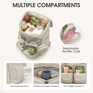 Sac à dos pour couches pour mamans et papas, sac de voyage pour bébé avec étui pour sucette et poches isothermes, beige - Product Image 5
