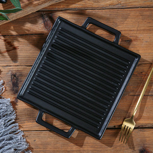 Plato de carne cuadrado <span class=keywords><strong>en</strong></span> relieve con rayas nórdicas, platos <span class=keywords><strong>para</strong></span> <span class=keywords><strong>hornear</strong></span> pan, utensilios <span class=keywords><strong>para</strong></span> <span class=keywords><strong>hornear</strong></span> de cerámica negra con mango - Product Image 3