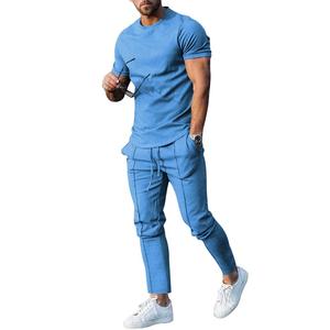 Traje deportivo de manga corta con cuello redondo informal de Color sólido para hombre, + Pantalones con bolsillo de manga corta Camiseta deportiva, conjunto de dos piezas, ropa de calle - Product Image 5
