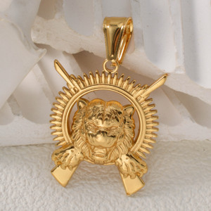 Pendentif Hip Hop pour Homme en Acier Inoxydable 316L Plaqué Or 18K, Tête de Lion Creuse Circulaire, Breloque Pistolet, Gravable sur Mesure, avec Cordon Torsadé Épais - Product Image 5