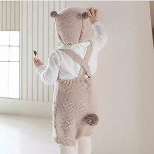 Ensemble barboteuse et bonnet en tricot 100% coton <span class=keywords><strong>original</strong></span> motif ourson, beige, avec bretelles croisées et bonnet pompon, tenue chaude d'hiver pour bébé et tout-petit - Product Image 3