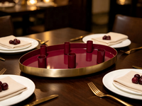 Plateau ovale en métal pour bougies avec 6 coupelles à bougies, plateau rouge et bord doré, candélabre décoratif pour table