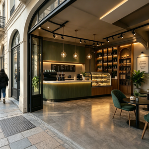 Café chaleureux avec comptoir vert côtelé, vitrine à pâtisseries, éclairage sur rail et plantes luxuriantes. - Product Image 3