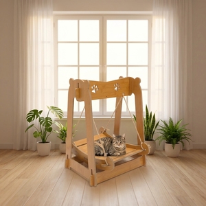 Hamac pour chat en MDF avec placage en bois, assemblage sans outil (K/D), avec corde en chanvre - Product Image 2