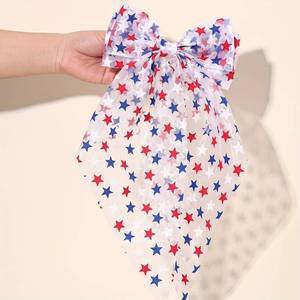 Barrette à cheveux en mousseline à motif étoile patriotique USA avec longue queue flottante pour la décoration de costumes de la fête de l'Indépendance - Product Image 5