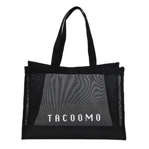 Sac fourre-tout de plage en nylon maillé réutilisable, personnalisé avec lettres imprimées, pour femmes, idéal pour le voyage et le shopping (vente en gros) - Product Image 1