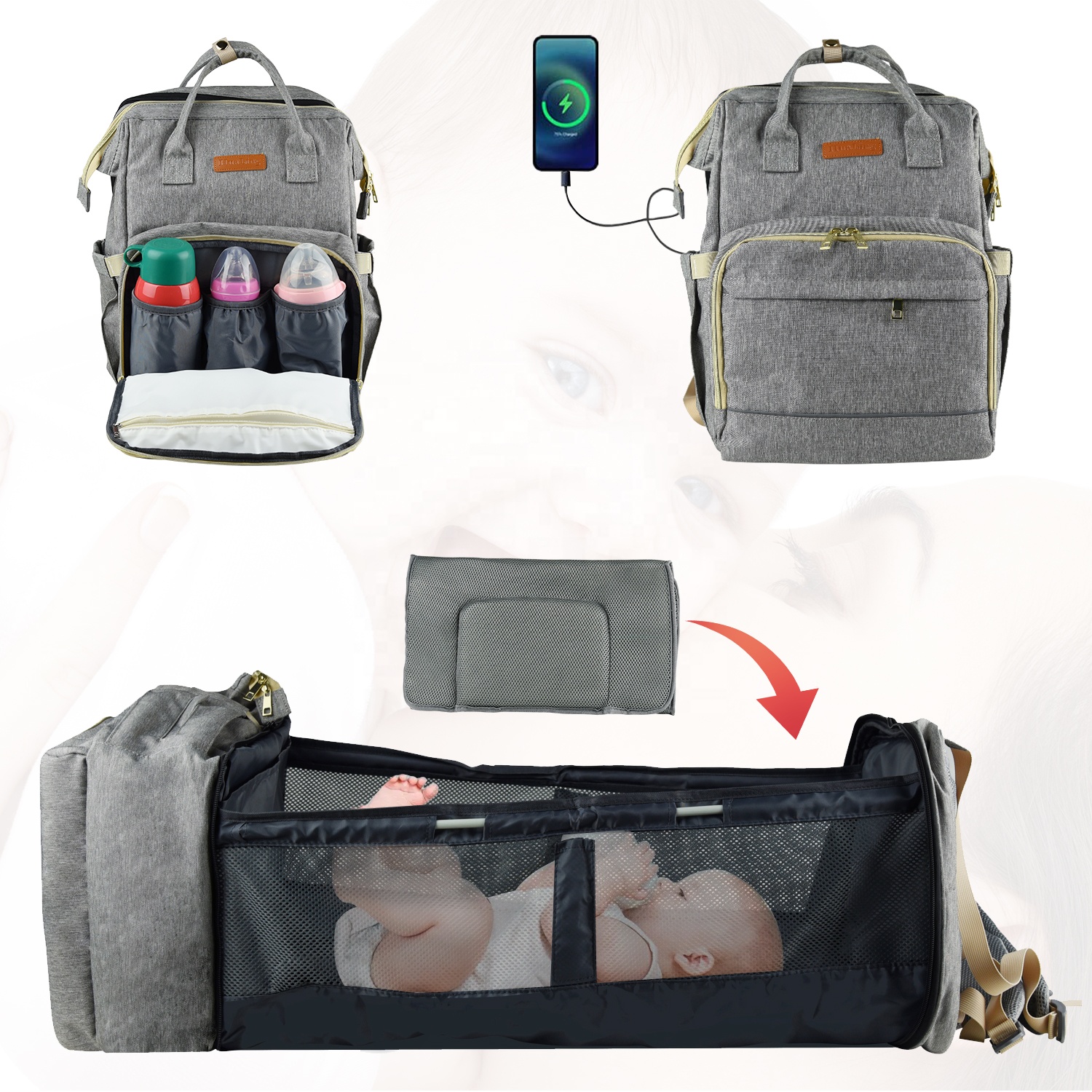 Large Space Waterproof Foldable Baby Diapers Bag Backpack Bed Mother Baby Bags Mummy Travel Baby Bed