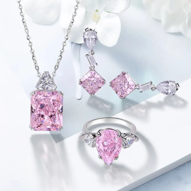 Voorraad Zirconia Star 5a Roze Gekleurde Diamanten Zilveren Ring Oorbellen Ketting Bruiloft Sieraden Sets