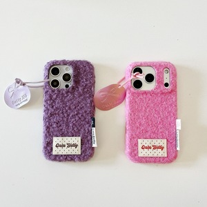 Étui de téléphone en polaire bouclée couleur unie, avec joli pendentif en cuir, coque de protection antichoc pour iPhone 15 Pro Max <span class=keywords><strong>14</strong></span> 16 17 Pro Max - Product Image 3