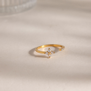 J&D 珠宝 18K 镀金不锈钢可调节四叶草戒指闪亮方晶锆石经典幸运首饰女士款 - Product Image 5