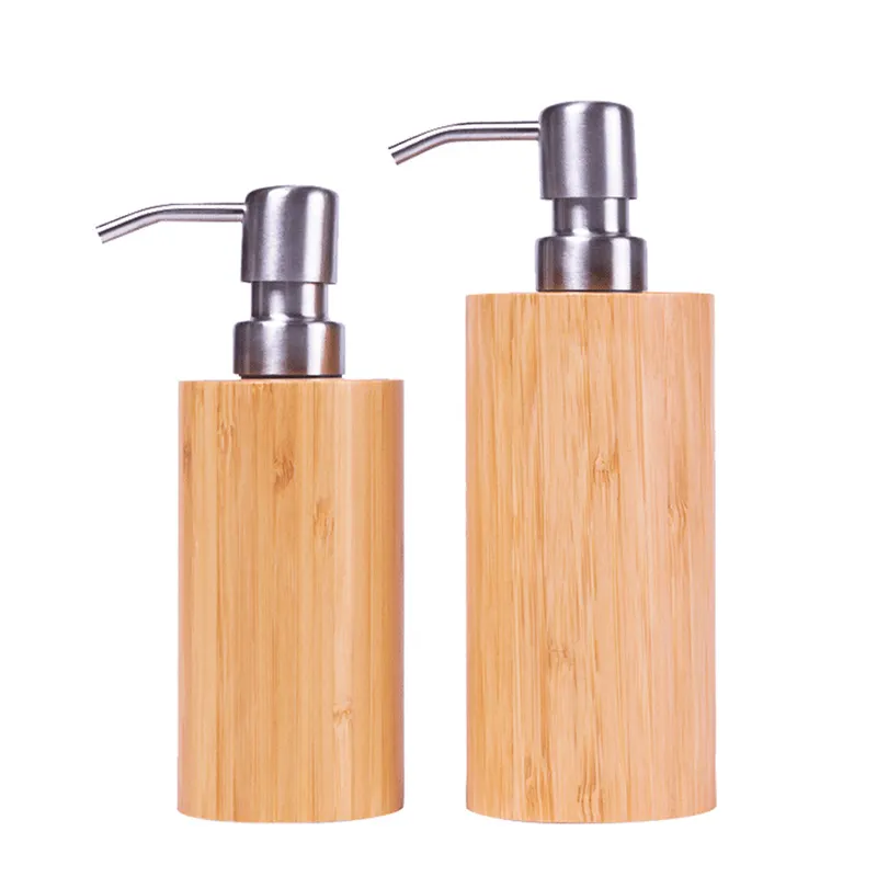 WanuoCraft Stainless Steel Pressing Lotion Bottle Plastic Liner Bamboo Shelf Bathroom Lotion Round Soap Hand Sanitizer Dispenser