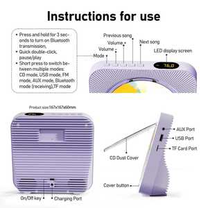 Portable BT 5.0 CD Player with FM Radio USB AUX Playback HiFi Sound LED Display Wireless <b>Remote</b> <b>Control</b> for Home Desktop - Product Image 2