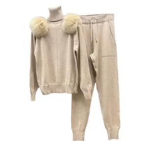 Wholesale Women Sweater Jumper Set Two Pieces Knitted Pullover Suit with Detachable Fox Fur