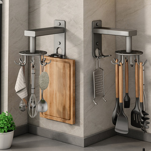 <b>Rotating</b> Wall Mounted <b>Storage</b> <b>Rack</b> Stainless Steel Kitchen Utensil Organizer Multifunctional With Hooks For Tableware - Product Image 1