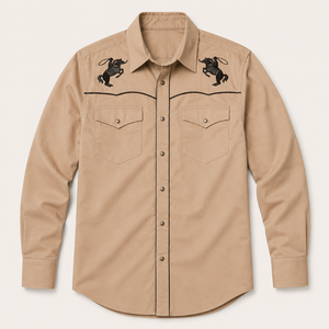 Western Embroidered Horse Print Long Sleeve Casual Shirt unisex Tan Poplin Breathable Button <b>Down</b> Collar Spring Wear - Product Image 3