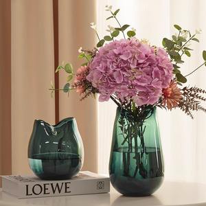 Vase en verre bleu haut de gamme pour salon, grand vase transparent pour fleurs séchées, vase à eau, luxe léger, vase pour plantes vertes en bois de cheval ivre - Product Image 3