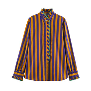 ผู้ผลิตเสื้อเชิ้ตแบบมีแถบลายจีบระบาย รับผลิตแบบ OEM ODM แบรนด์ส่วนตัว <span class=keywords><strong>ลาย</strong></span>ทางกว้าง ติดกระดุม ผ้าซาติน สไตล์ลำลองทางธุรกิจ สำหรับฤดูใบไม้ร่วง ขายส่ง - Product Image 1