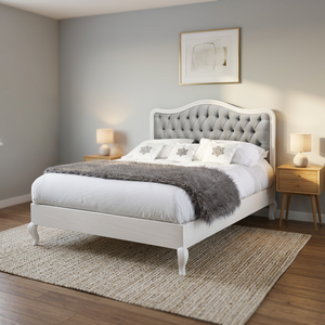 Muebles de Dormitorio Estilo Francés Barroco Blanco, Cama Tapizada de Madera Maciza con Tela de Caoba - Product Image 3