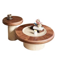 Juego de Mesa de Centro Redonda Rústica con Tapa de Madera Enchapada en Nogal y Pedestal de Madera para Sala de Estar, Decoración Acogedora