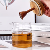 Stoples Madu Kedap Udara Kaca Borosilikat Tinggi 500ml Dengan Tutup Kayu Akasia & Pengaduk Madu untuk Penyimpanan Permen dan Selai.