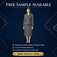 Ensemble jupe et veste gris à chevrons pour femme, croisé, revers crantés, jupe crayon, mélange de laine, pour le bureau et les affaires, OEM ODM, direct usine