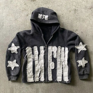 <b>Dropshipping</b> Custom high quality Men 500 Gsm Distressed Applique Patch Embroidery Acid Wash Zip up Hoodie - Product Image 1