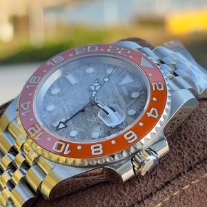 Montre mécanique automatique pour homme en promotion, cadran météorite, <span class=keywords><strong>lunette</strong></span> en céramique orange-brun, bracelet en acier à cinq maillons, double fuseau horaire, lumineuse - Product Image 4