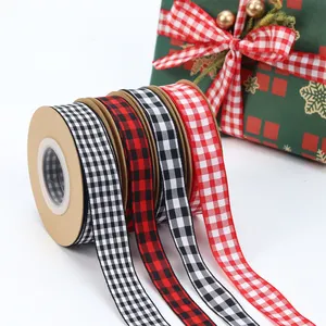 Grosir Hadiah Dekorasi Natal Kemasan Poliester Tartan Skotlandia Pita Kotak-kotak Merah Hitam Hijau Putih