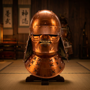 Casque de samouraï 3D complet en cuivre, finition antique polie, objet de collection artistique, coiffe de protection - Product Image 3