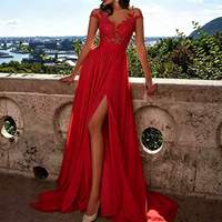 Gaun Malam Pesta Seksi dengan Bordir Buatan Tangan, Ruffle, Kerut, Rayon Chiffon, Belahan Renda, dan Bra Terintegrasi Grosir