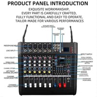 Console de mixage audio professionnelle 6 canaux avec amplificateur intégré, mixeur 6 voies avec 2 micros sans fil