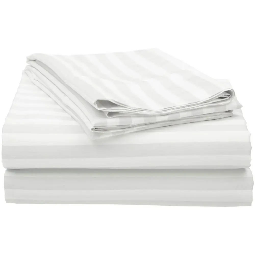 Feather & Stitch 100% Cotton Stripe sateen bedding set with 2 pillow case, 1 fitted sheet 1 flat sheet Sheets Set