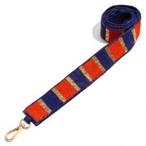 Bandoulière de sac à main en coton brodé faite à la main, de haute qualité, style bohème, ornée de perles, bleu marine et orange - Product Image 1